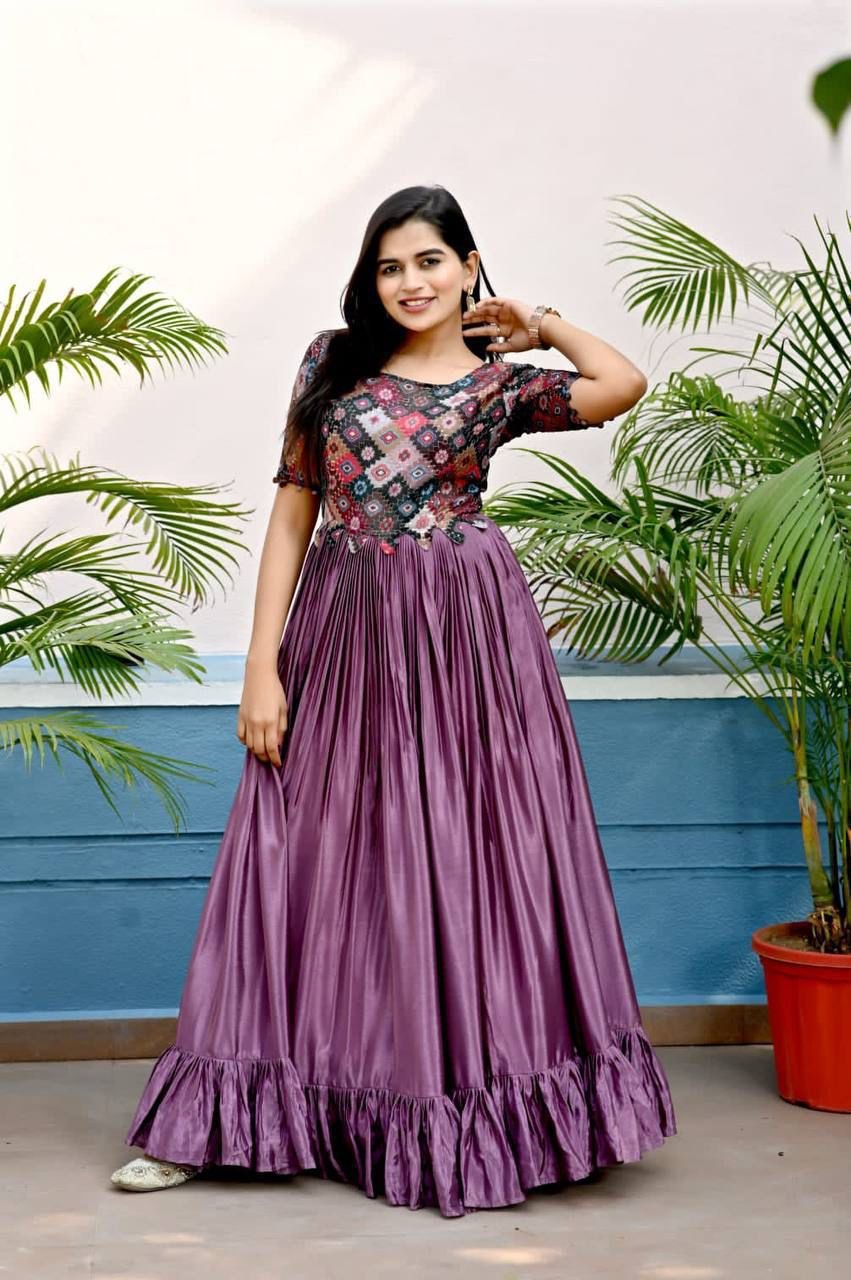 Attractive Chinon Silk Embroidered Gown